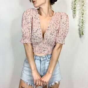 PRINCESS POLLY deep v-neck crop top puff sleeve floral retro Barbiecore 2521